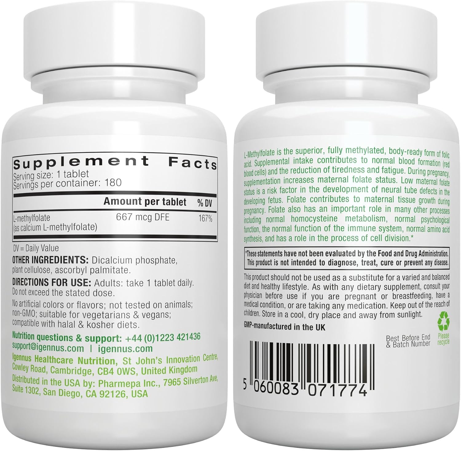 Igennus Pure Methyl Folate 400 mcg - Metilfolato Activo (180 Comprimidos)