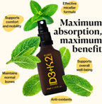 Kurk Spray Vegano de Vitamina D3+K2, 3000UI D3 y 150mcg K2 MK-7, Sabor Menta (30ml)