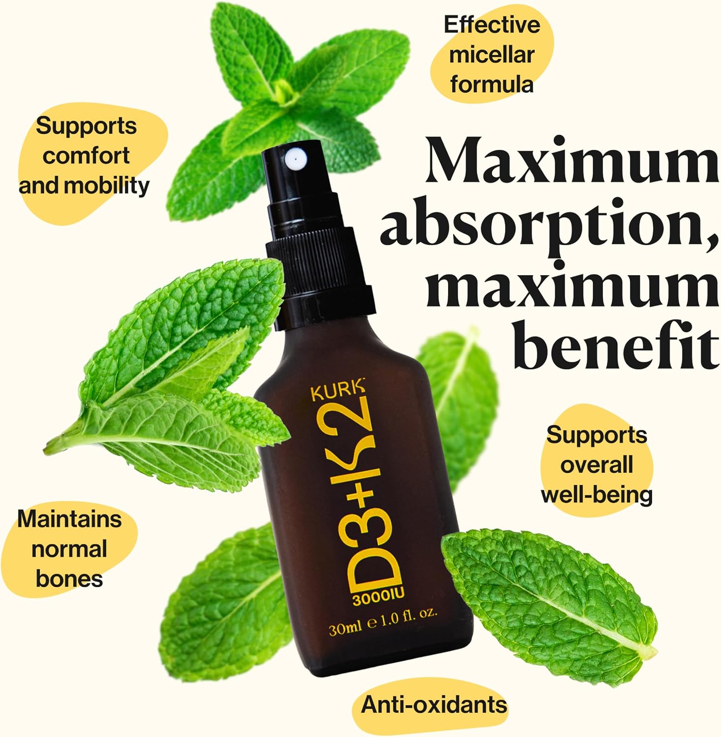 Kurk Spray Vegano de Vitamina D3+K2, 3000UI D3 y 150mcg K2 MK-7, Sabor Menta (30ml)