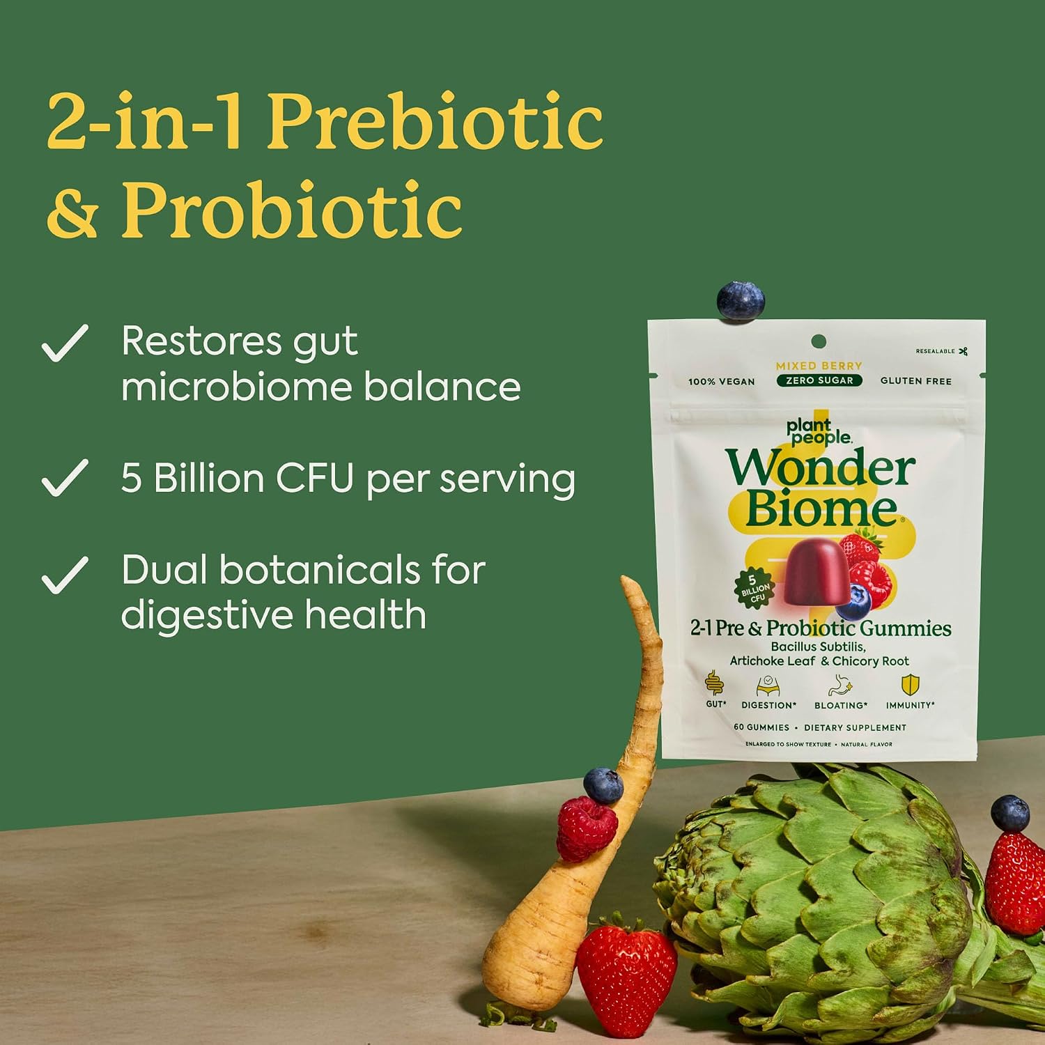 Plant People WonderBiome 2-in-1 Prebiótico + Probiótico en Gomas – Sin Azúcar Vegano – 60 Unidades