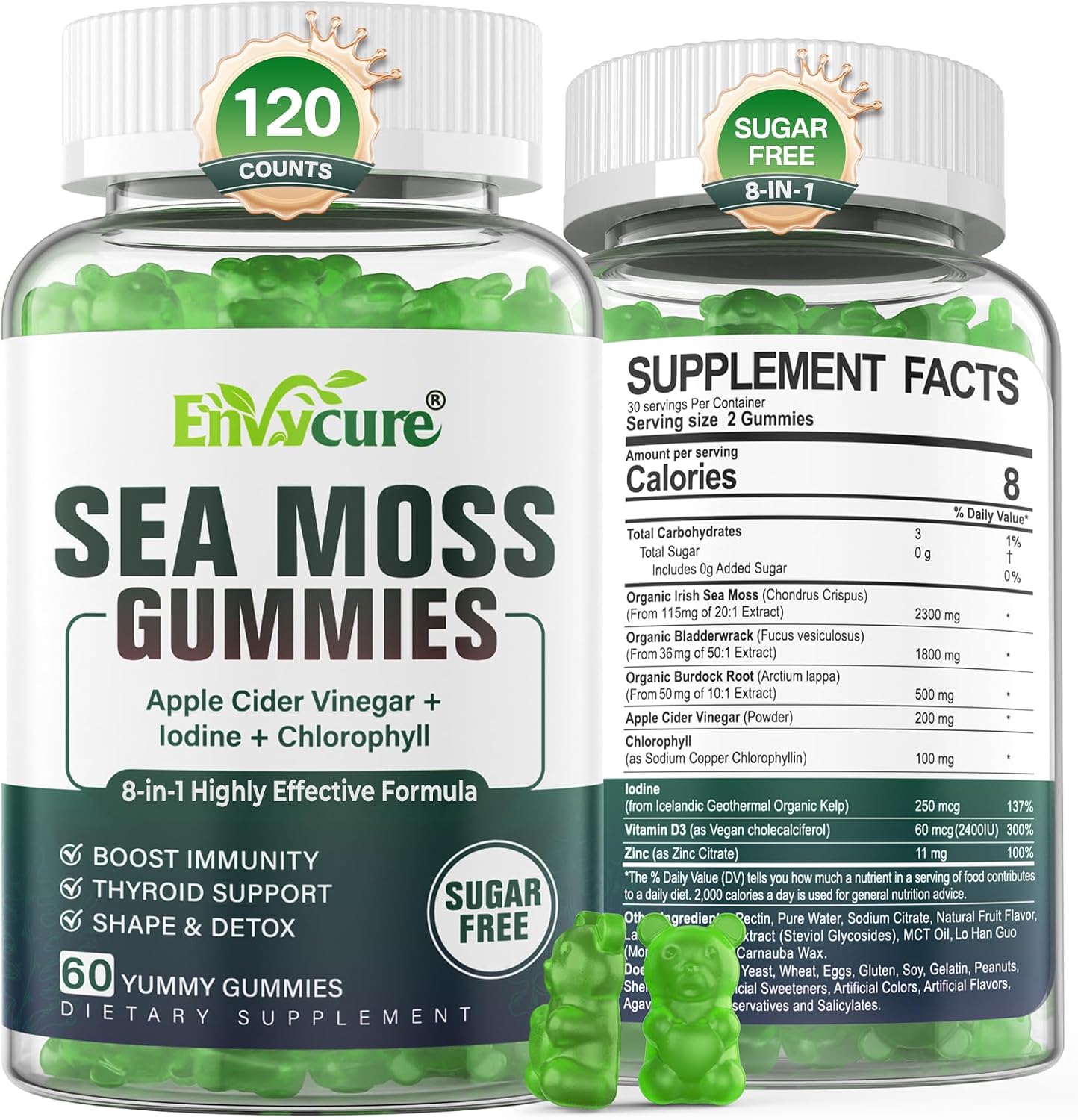 EnvyCure Gominolas de Musgo Marino Sin Azúcar - 2 Paquetes (60 Gominolas) con Yodo, Vitamina D3 y Vinagre de Manzana