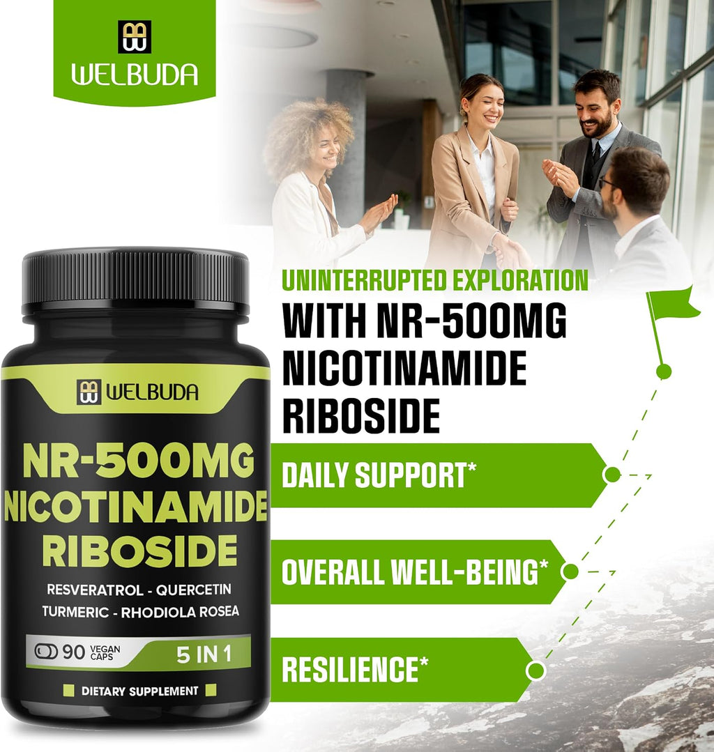 WELBUDA 5in1+ Nicotinamide Riboside Supplement with Resveratrol, Quercetin, Turmeric, Rhodiola Rosea - 90 Count for 90 Days