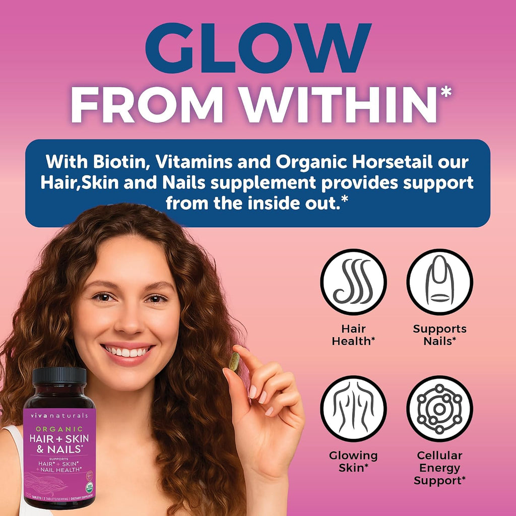 Viva Naturals Biotina 5000 mcg para Cabello, Piel y Uñas – Suplemento Orgánico y Vegetariano – 120 Comprimidos