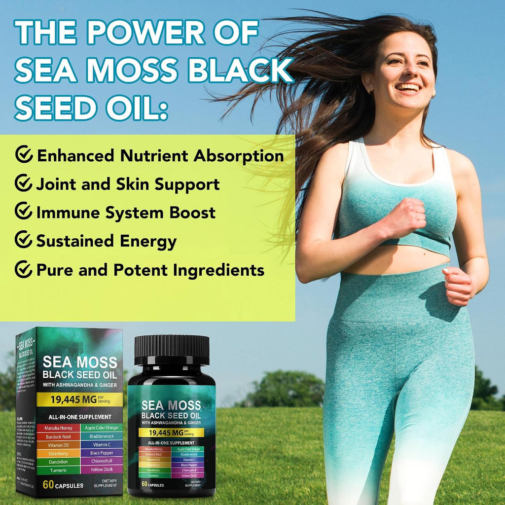 Sea Moss Black Seed Oil con Ashwagandha y Jengibre - 60 Cápsulas