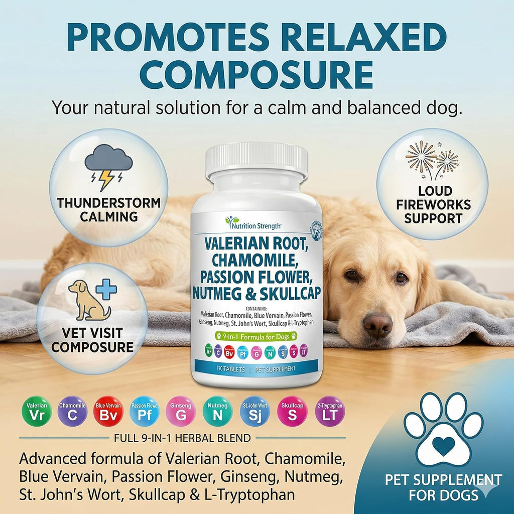 Nutrition Strength 9-en-1 Valeriana para Perros 200mg, Manzanilla 160mg, L-Triptófano y Hierbas para Estrés y Calma, 120 Comprimidos