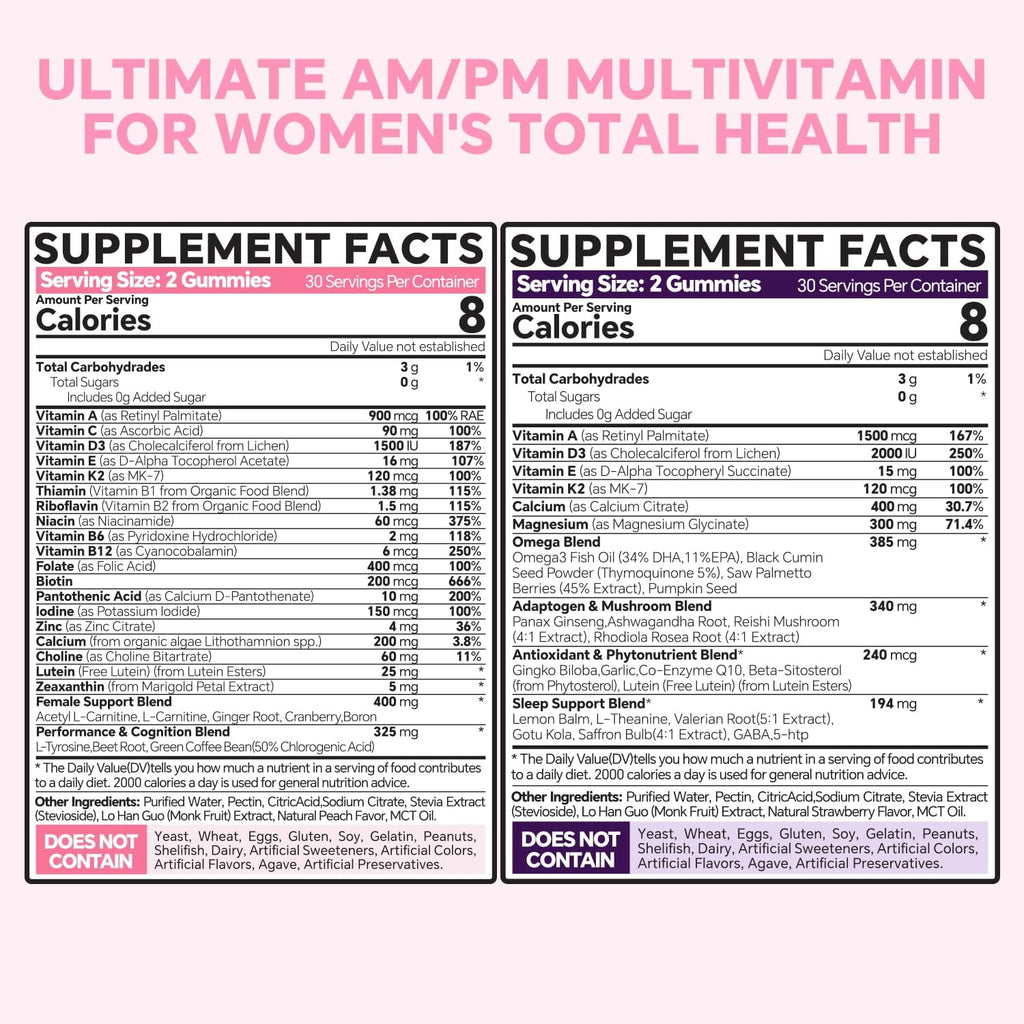 VEETAGYO Multivitamínico para Mujeres AM y PM - Sin Melatonina, con Calcio de Algas, Omega-3, Vitamina D3K2, Magnesio - Sin Azúcar, Vegano, 120 Gomitas