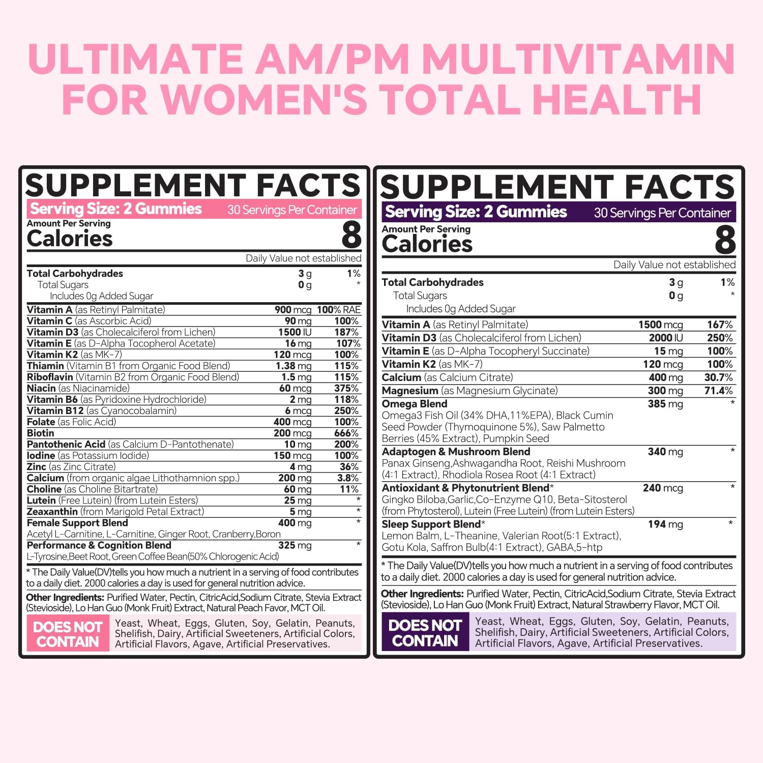 VEETAGYO Multivitamínico para Mujeres AM y PM - Sin Melatonina, con Calcio de Algas, Omega-3, Vitamina D3K2, Magnesio - Sin Azúcar, Vegano, 120 Gomitas