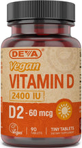 Deva Vitamina D2 Vegana 60 mcg (2400 UI), Suplemento de Ergocalciferol sin Ingredientes Animales, 90 Comprimidos