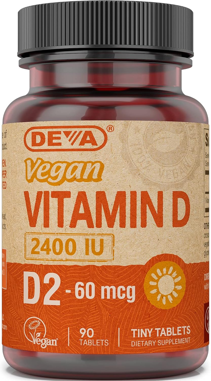 Deva Vitamina D2 Vegana 60 mcg (2400 UI), Suplemento de Ergocalciferol sin Ingredientes Animales, 90 Comprimidos