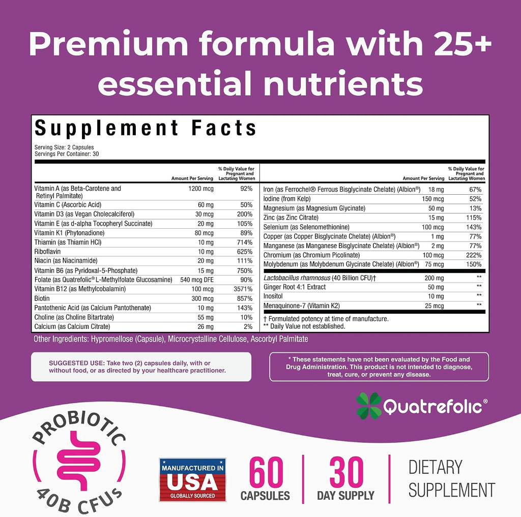 NatureGenX Methyl Prenatal con Probióticos – Vitaminas Prenatales con Hierro, Metilfolato, Jengibre y B12 Activa – 60 Cápsulas