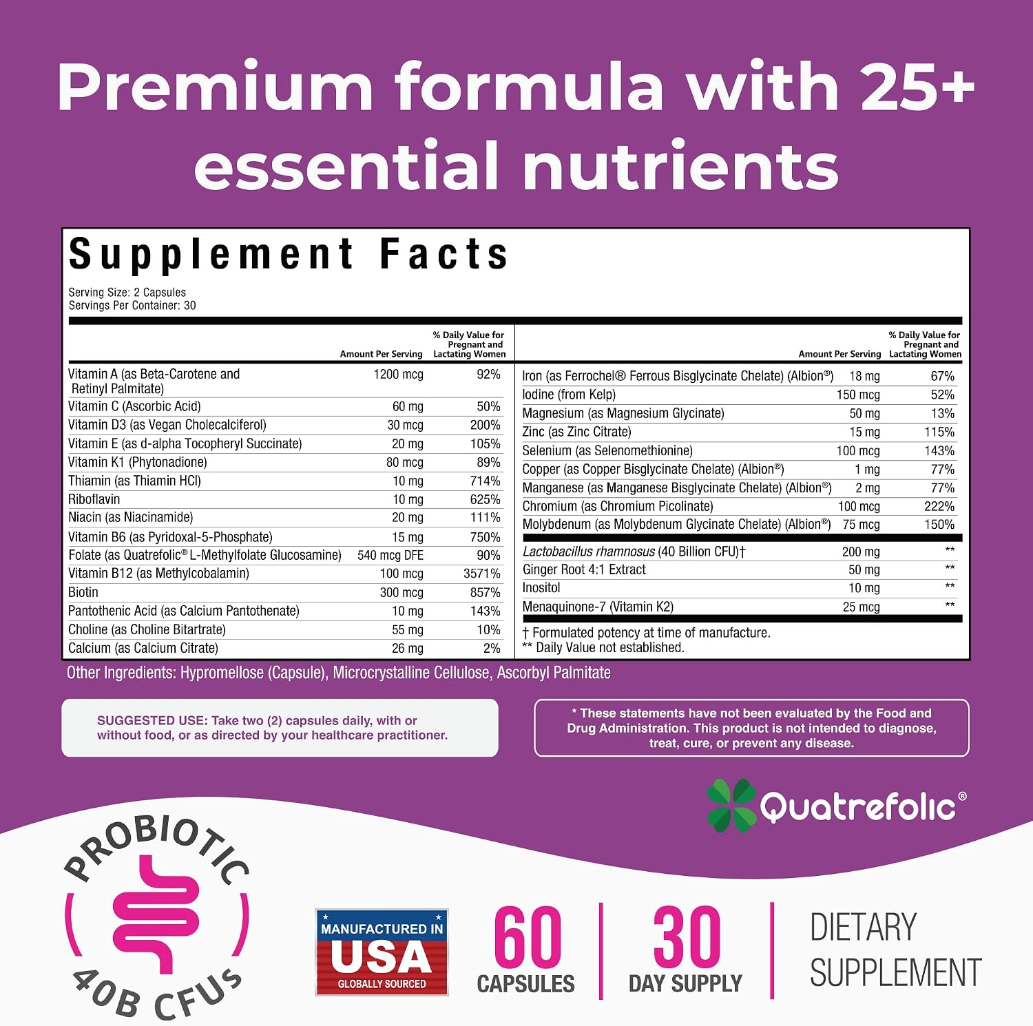 NatureGenX Methyl Prenatal con Probióticos – Vitaminas Prenatales con Hierro, Metilfolato, Jengibre y B12 Activa – 60 Cápsulas