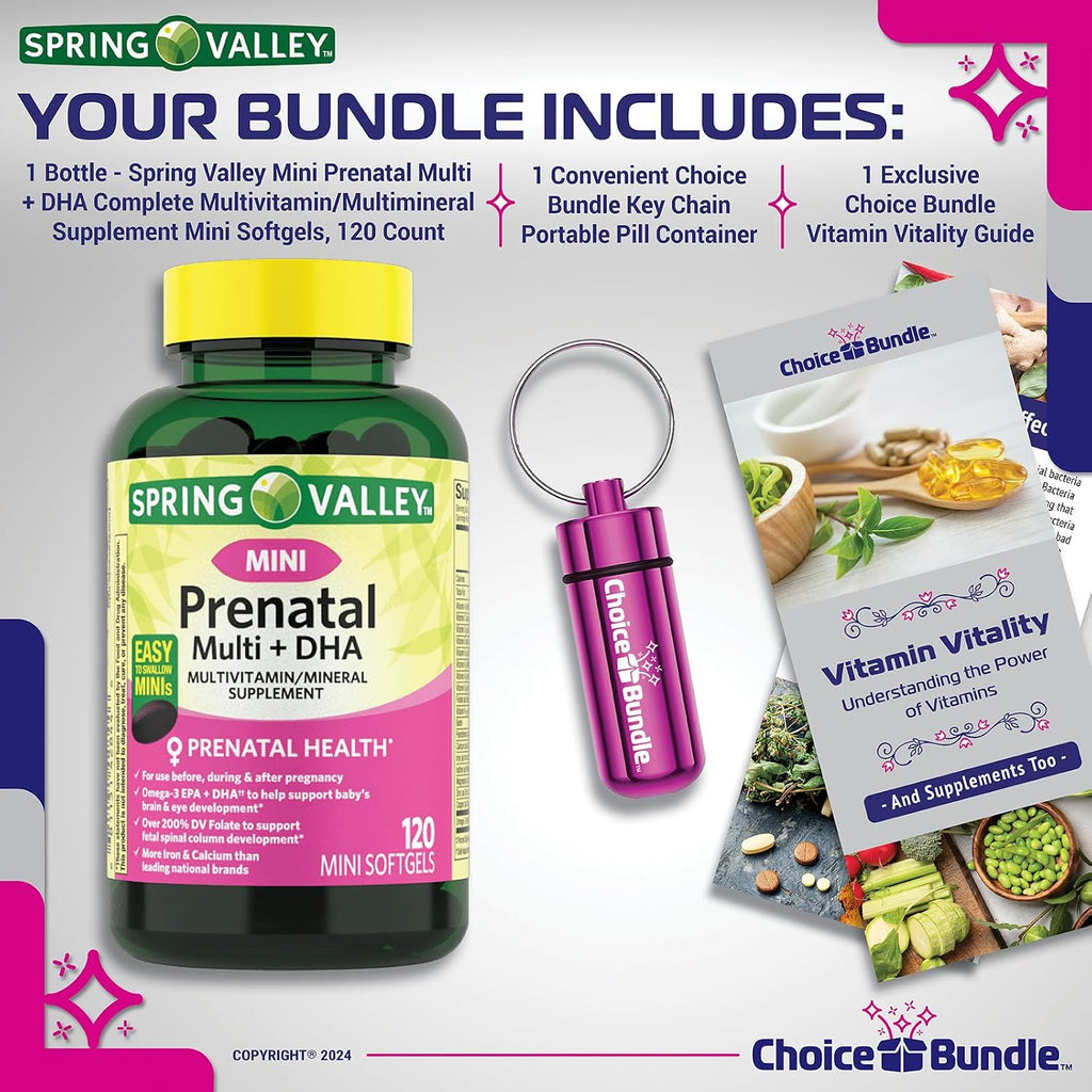 Choice Bundle Spring Valley Prenatal Multi + DHA - Complejo Multivitamínico y Mineral en Mini Softgels (120 unidades) con Guía y Pastillero