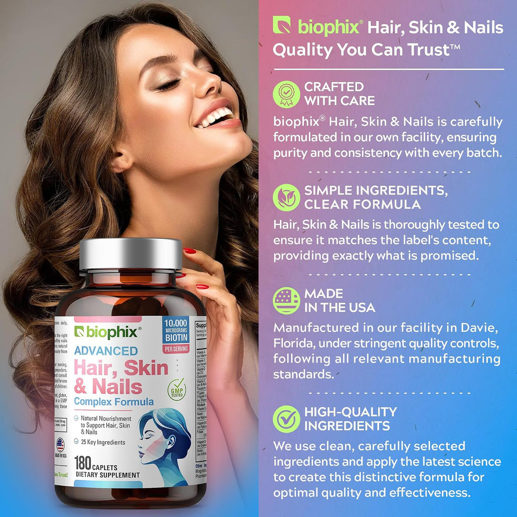 biophix Hair Skin and Nails Complex - 180 Caplets con 10.000 mcg de Biotina