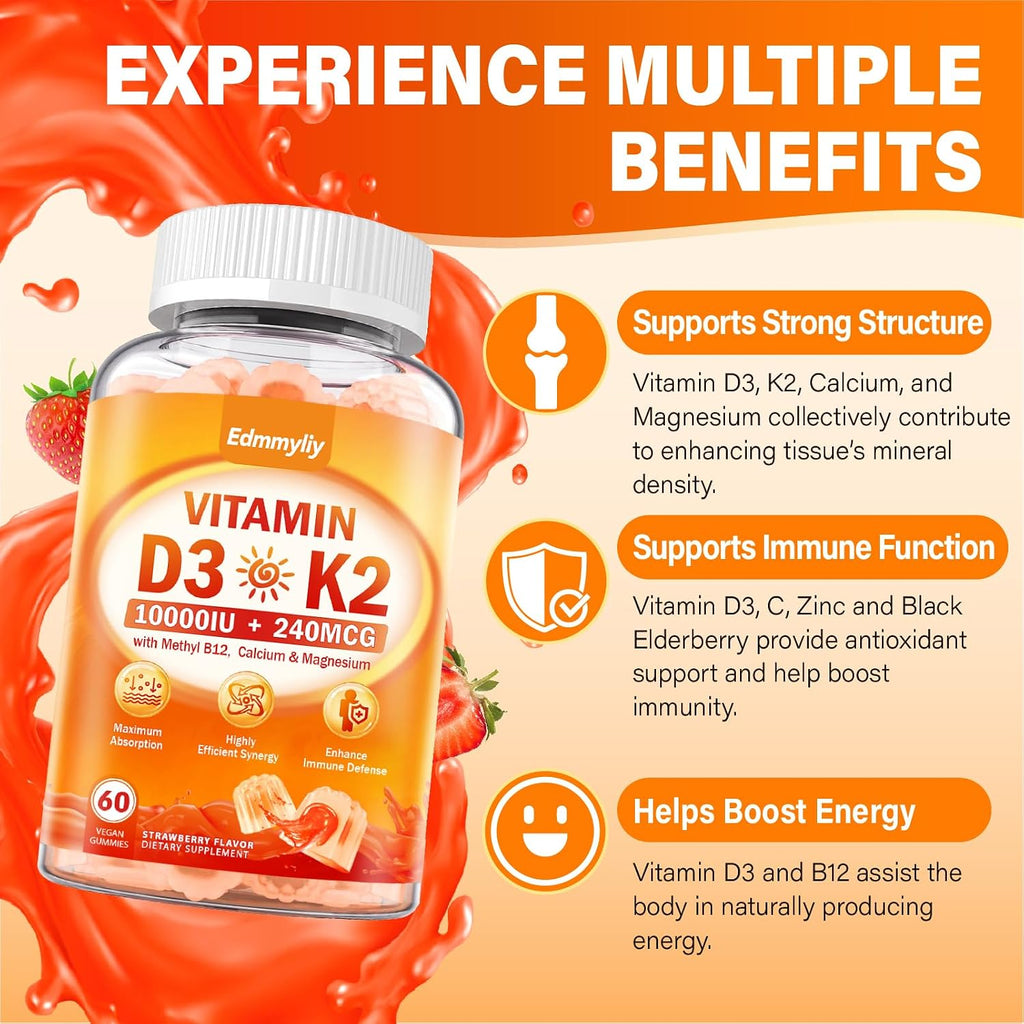 Suplemento de Vitamina D3 10000IU para Adultos - Gominolas de Vitamina D3 5000IU / 10000IU con K2, Metil B12, Calcio, Magnesio, Zinc y Saúco para Mujeres y Hombres - Sin Azúcar, Vegano