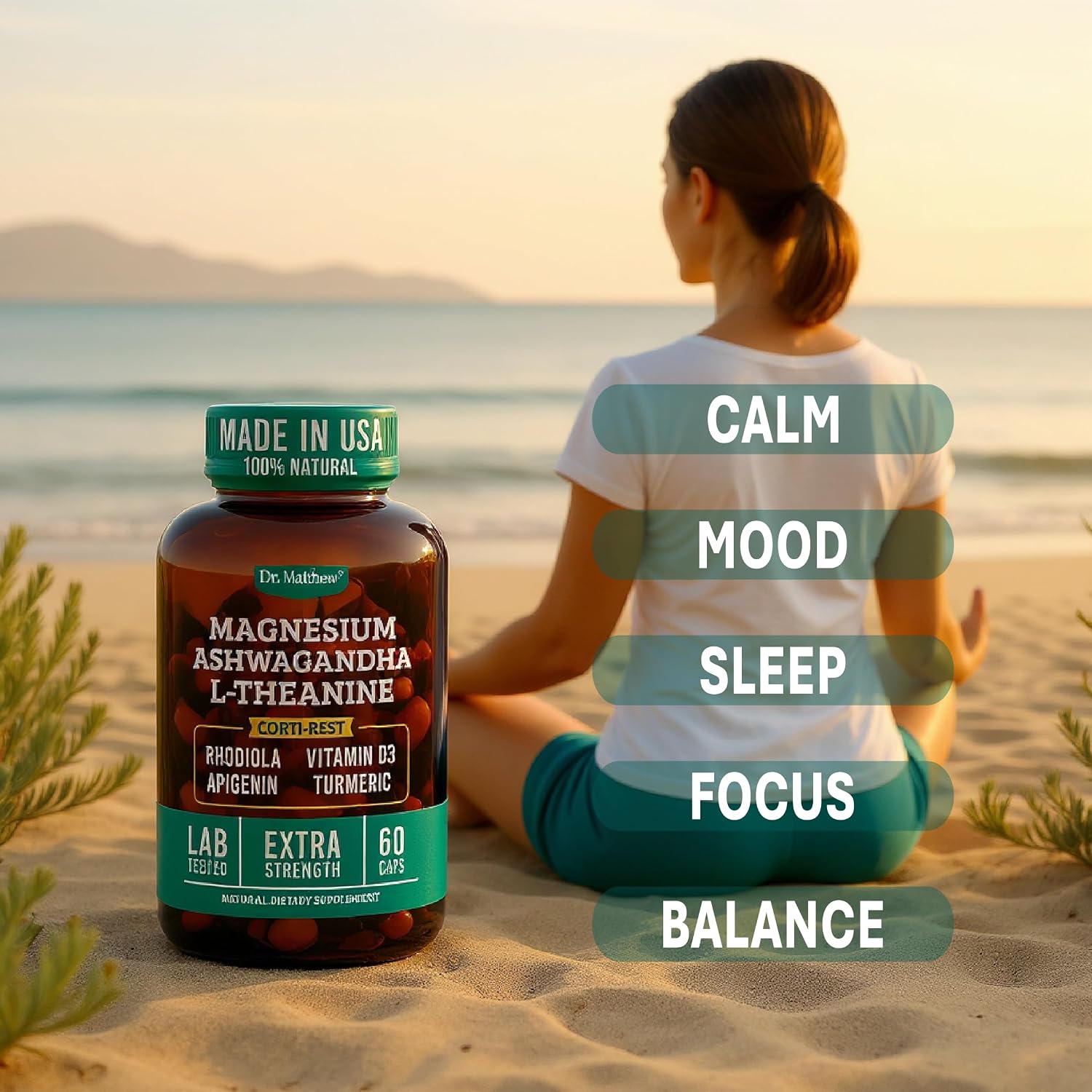 CortiRest – Reductor de Cortisol y Apoyo Suprarrenal con Ashwagandha KSM-66, Magnesio, L-Teanina, Rodiola, Apigenina, Cúrcuma y Vitamina D3