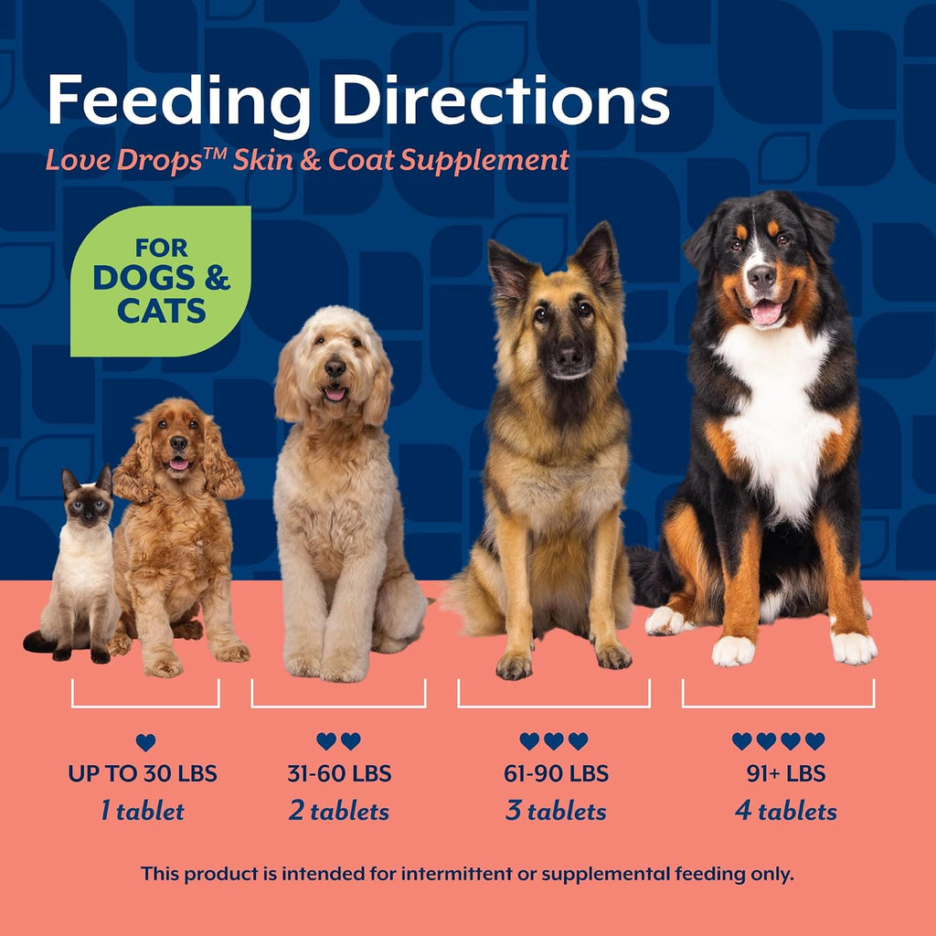 NaturVet Love Drops Plus Omegas - Suplemento para la Piel y el Pelo de Perros y Gatos - 200 Comprimidos Masticables Sabor a Mantequilla de Cacahuete