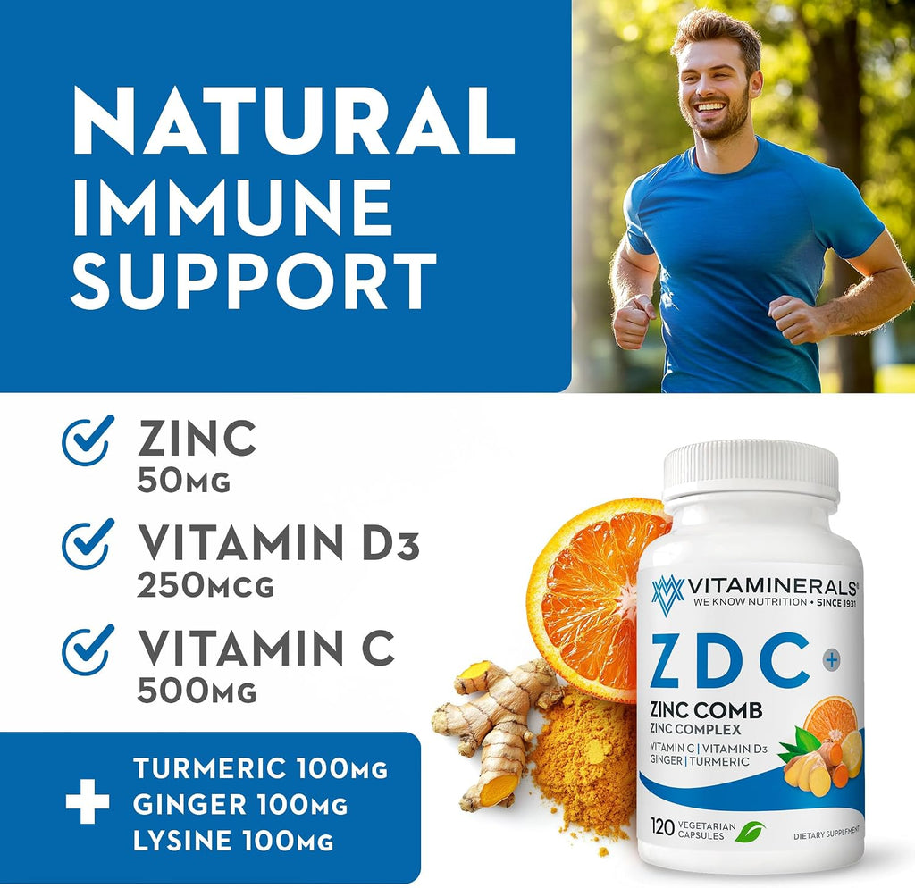 Vitaminerals® Z D C, Complejo de Zinc 50mg, Vitamina D3 250mcg, Vitamina C 500mg, con Jengibre, Lisina, Cúrcuma y Bioflavonoides - 120 Cápsulas Vegetarianas