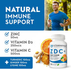 Vitaminerals® Z D C, Complejo de Zinc 50mg, Vitamina D3 250mcg, Vitamina C 500mg, con Jengibre, Lisina, Cúrcuma y Bioflavonoides - 120 Cápsulas Vegetarianas