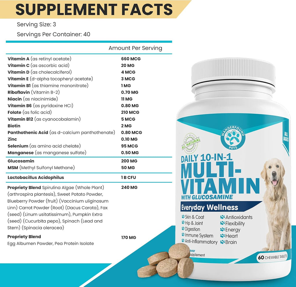 Wanderfound Pets 10-en-1 Multivitamínico para Perros con Glucosamina, D3 y MSM, Sabor Hígado, 60 Comprimidos