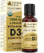 Gotas Orgánicas de Vitamina D3 Líquida - 1000 UI por Gota, Sin Azúcar, Aceite de Coco MCT, Máxima Absorción