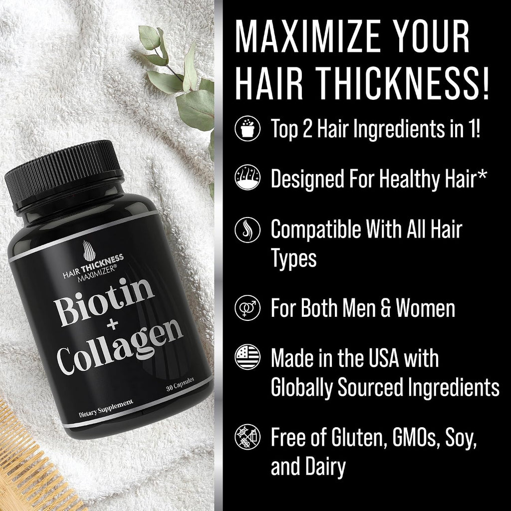 Biotina y Colágeno Suplemento – 10.000 mcg Biotina + Colágeno Bovino para Cabello Débil y Quebradizo. Complejo Vitamínico Avanzado 2 en 1. Apoya un Cabello más Grueso y Saludable para Mujeres y Hombres