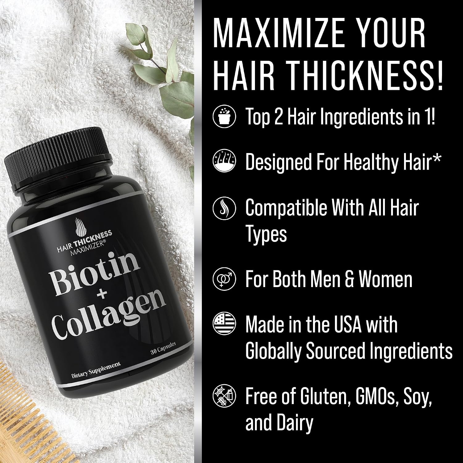 Biotina y Colágeno Suplemento – 10.000 mcg Biotina + Colágeno Bovino para Cabello Débil y Quebradizo. Complejo Vitamínico Avanzado 2 en 1. Apoya un Cabello más Grueso y Saludable para Mujeres y Hombres