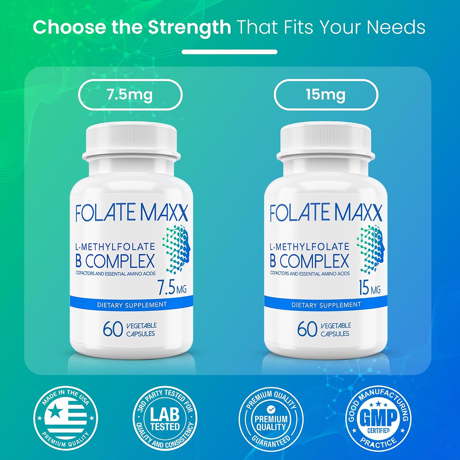 FOLATE MAXX L Metilfolato 15mg con Complejo B Activo – 60 Cápsulas – Alta Potencia 5-MTHF con Vitamina B6 y Metil B12 – 2 Meses de Suministro