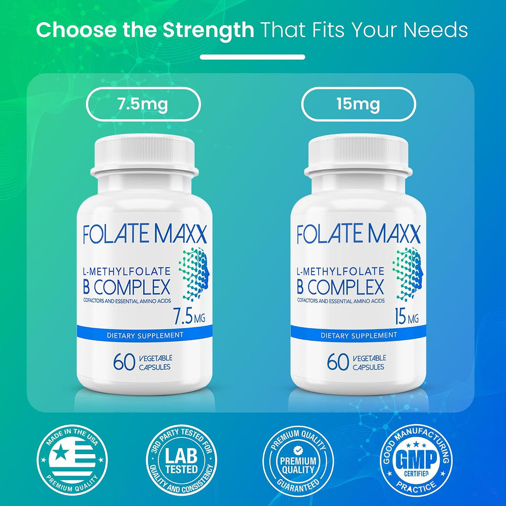 L-Metilfolato 7.5mg con Complejo B Activo - 60 Cápsulas - Alta Potencia 5-MTHF con Vitamina B6 y Metil B12 - 3 en 1, No OGM, Sin Gluten (Suministro para 2 Meses)