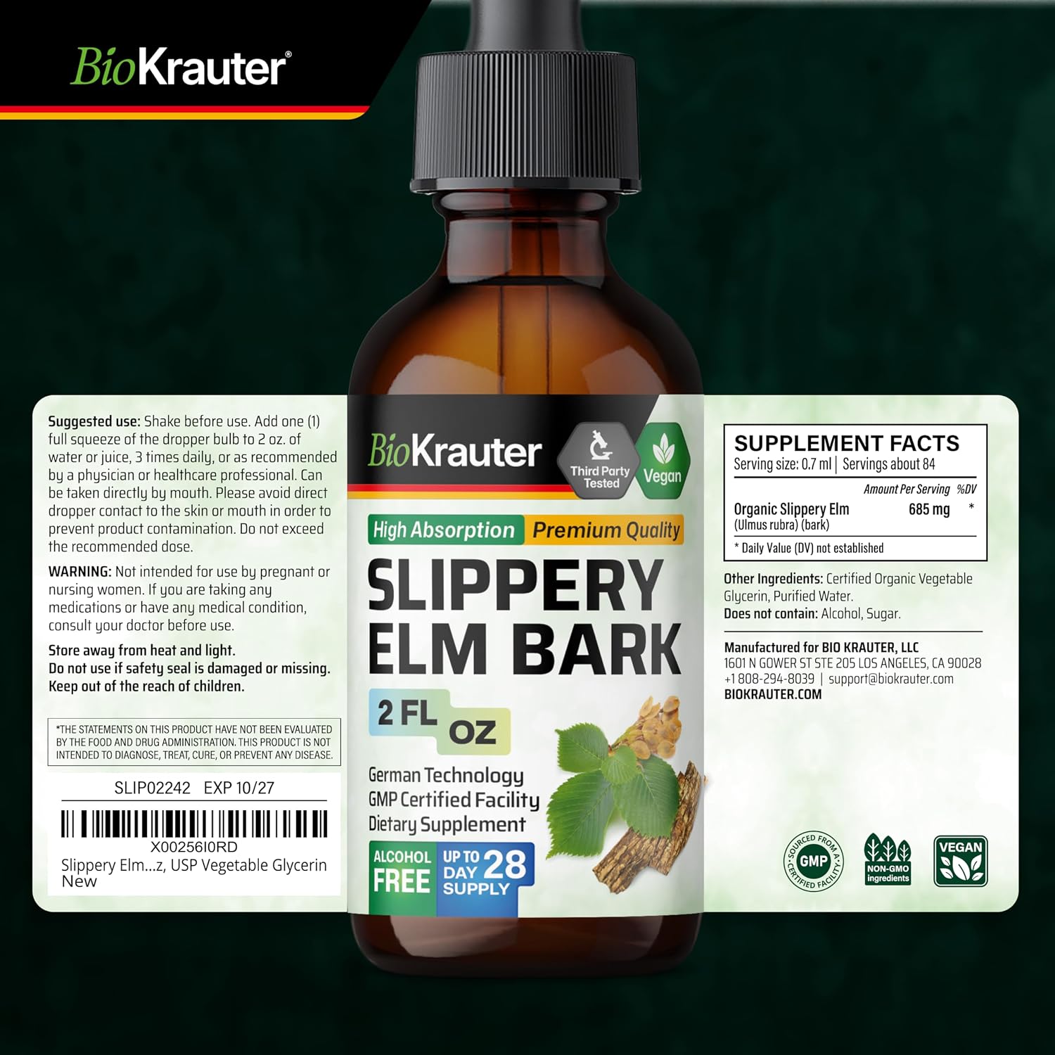 Tintura de Corteza de Olmo Resbaladizo - BIO KRAUTER - 60 ml - Vegano y Sin Alcohol