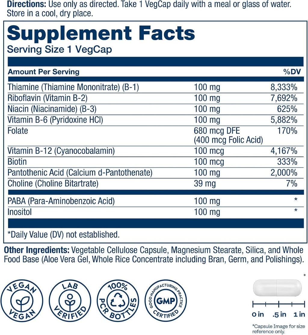 SOLARAY Complejo B 100mg - Energía Celular, Apoyo Nervioso y Cardíaco - 8 Vitaminas B - B12, B1, B2, B3, B6, Niacina, Ácido Fólico y Biotina - Vegano, 50 Cápsulas