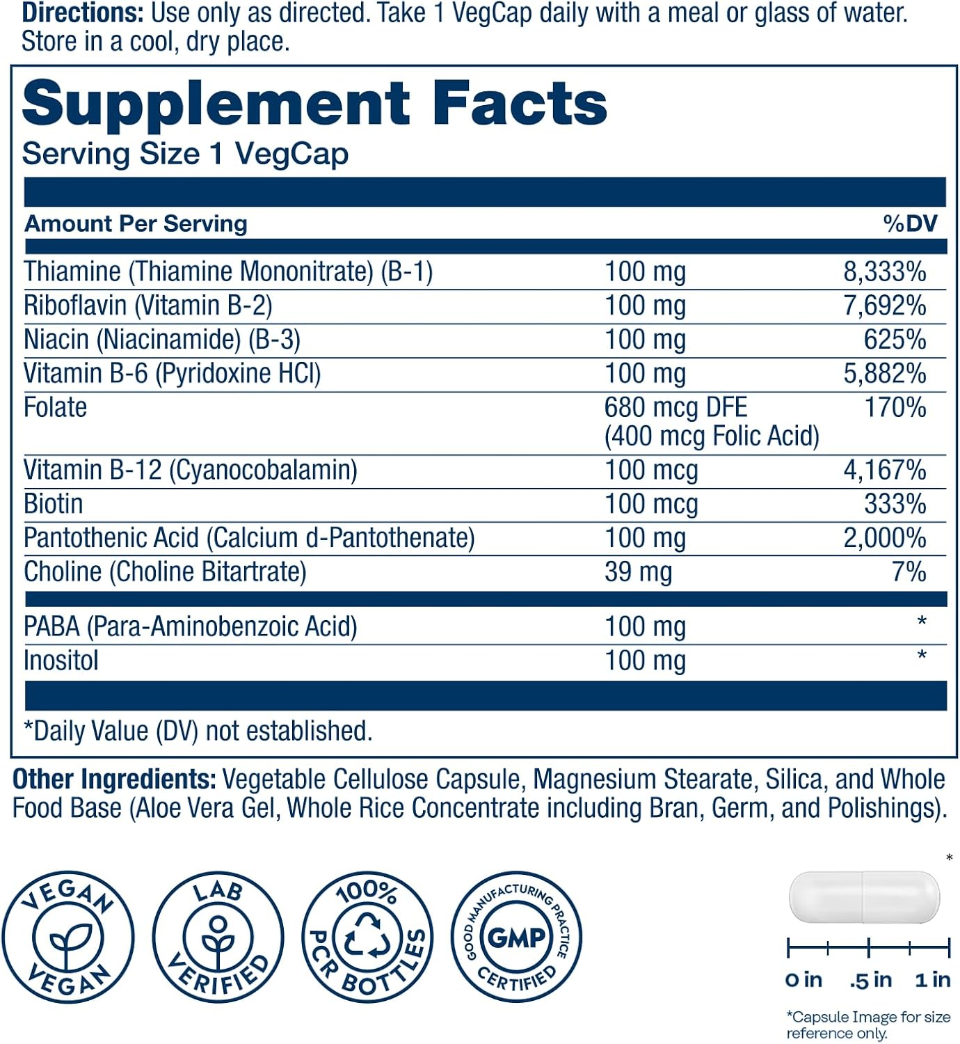 SOLARAY Complejo B 100mg - Energía Celular, Apoyo Nervioso y Cardíaco - 8 Vitaminas B - B12, B1, B2, B3, B6, Niacina, Ácido Fólico y Biotina - Vegano, 50 Cápsulas