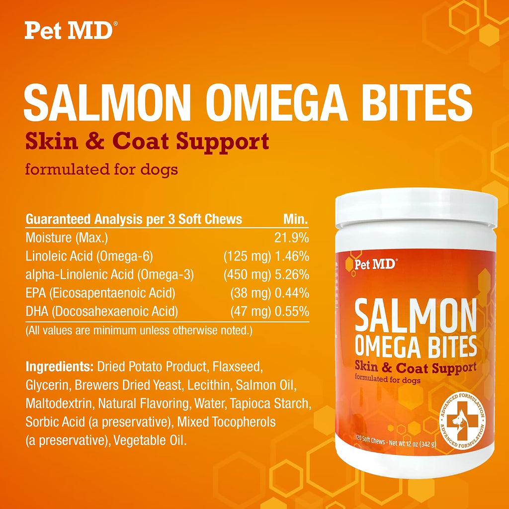Pet MD Salmon Omega Bites para Perros - Suplemento para Piel y Pelaje - 120 unidades