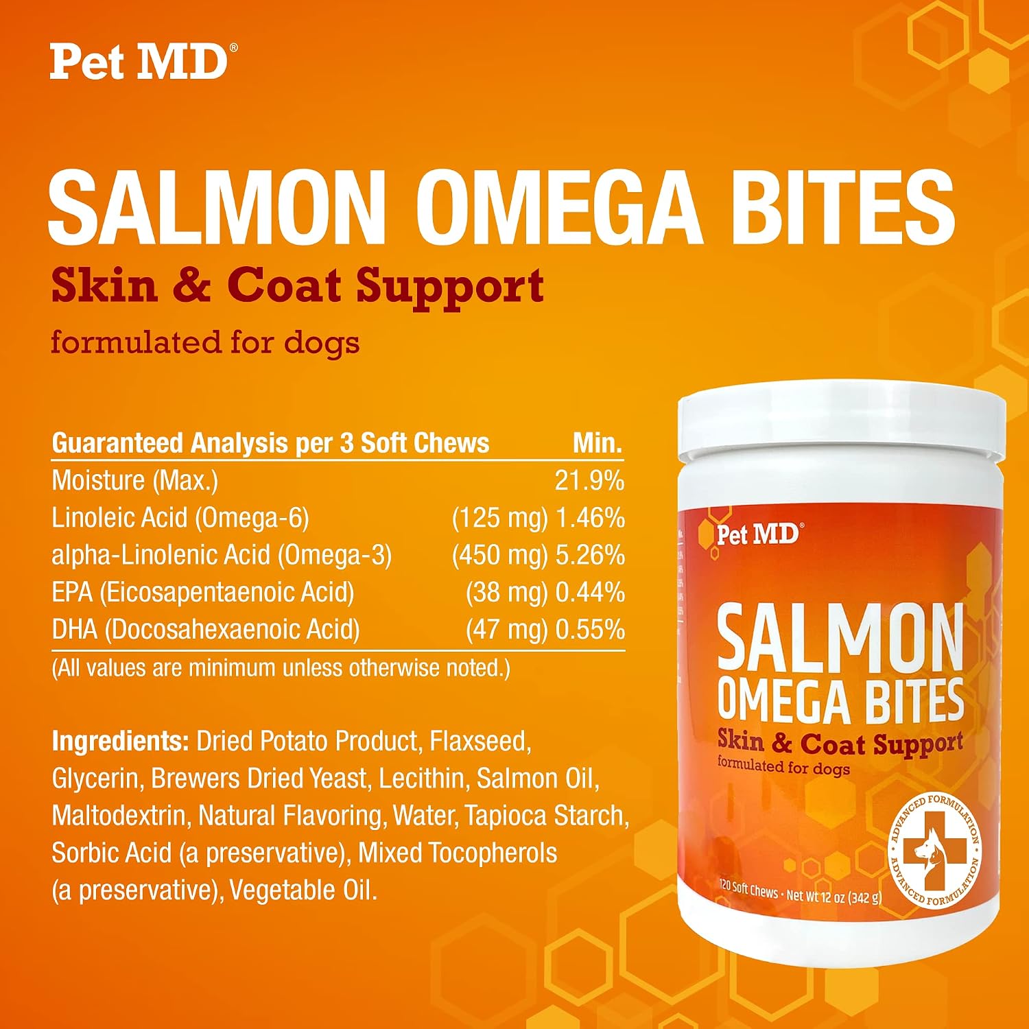 Pet MD Salmon Omega Bites para Perros - Suplemento para Piel y Pelaje - 120 unidades