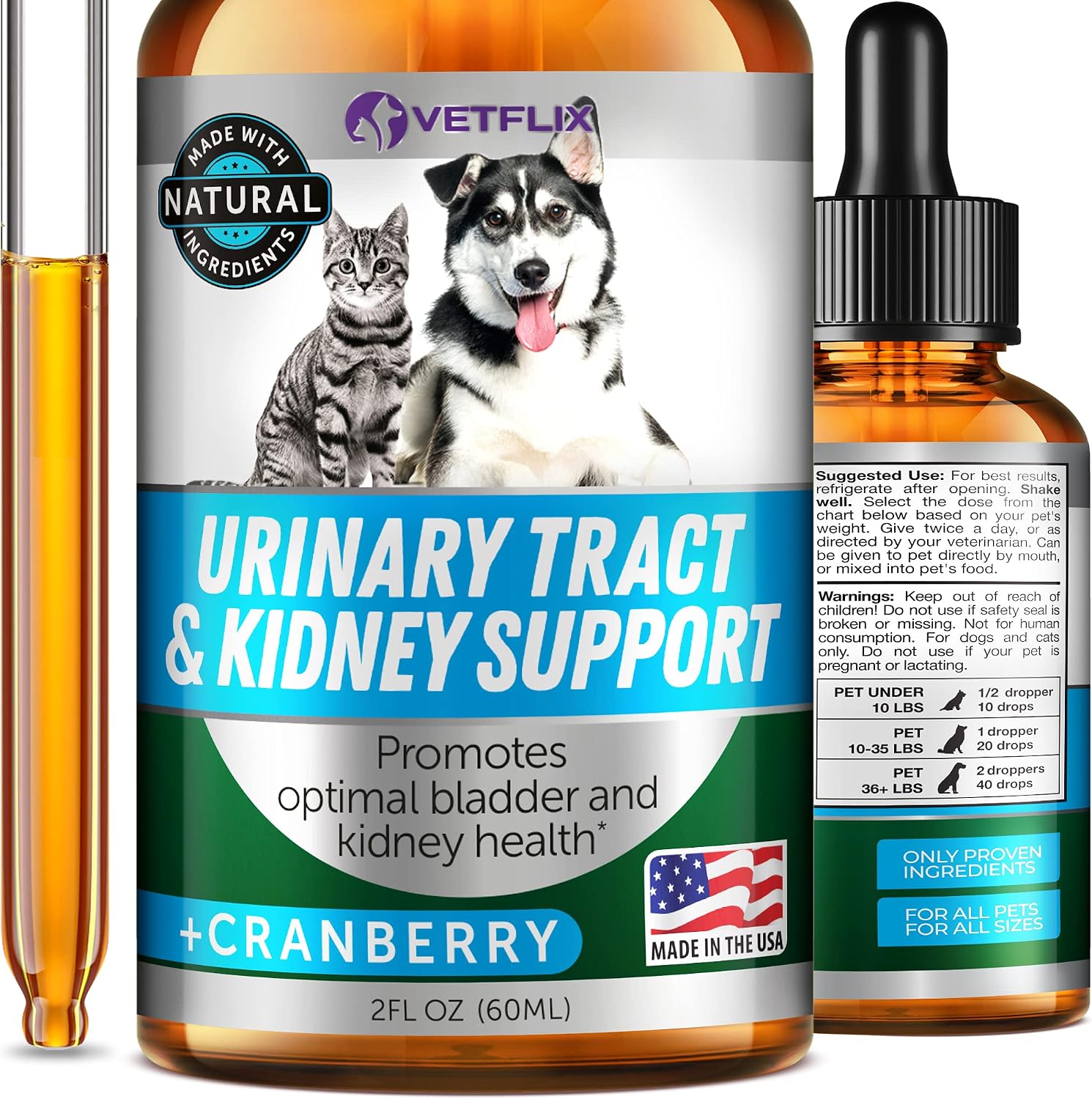 Vetflix Suplemento Líquido para Vías Urinarias y Riñón para Perros y Gatos, 59 ml