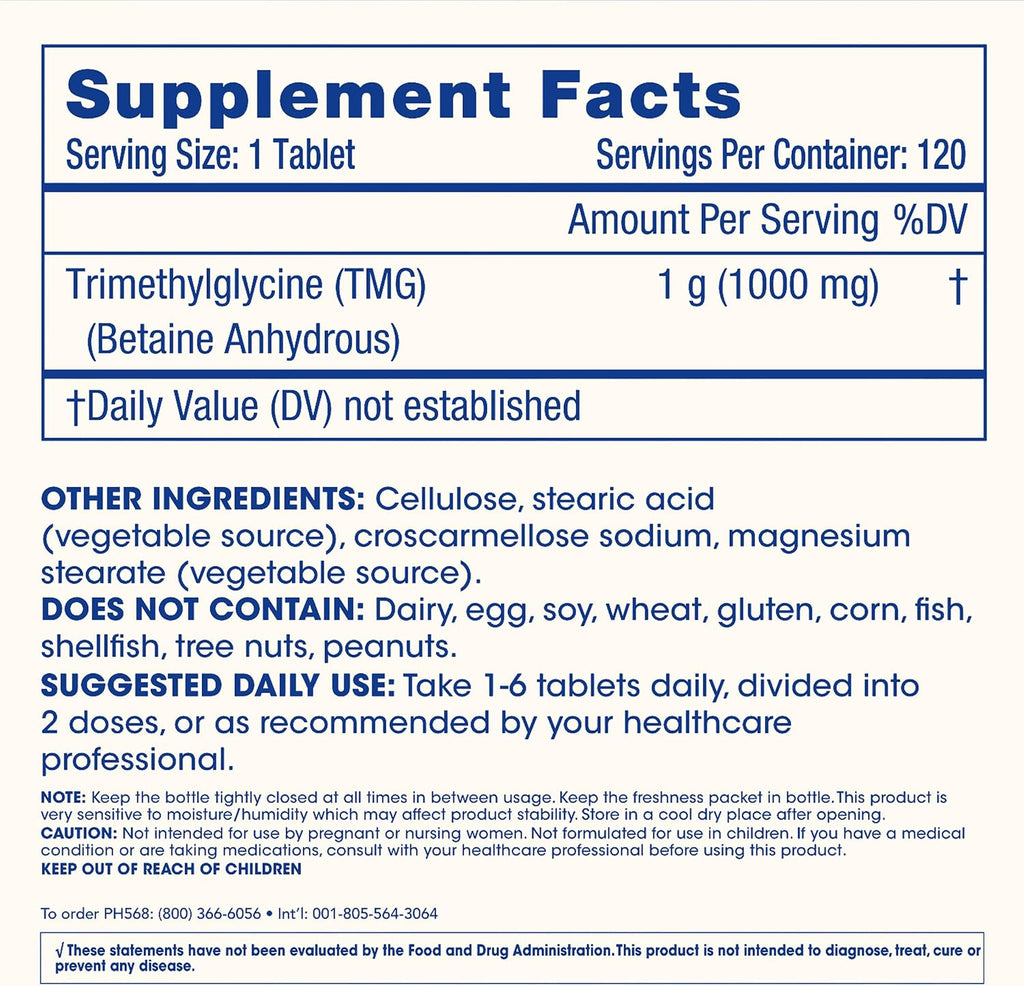 TMG (Trimetilglicina) 1000 mg - 120 Comprimidos - ProHealth Longevity