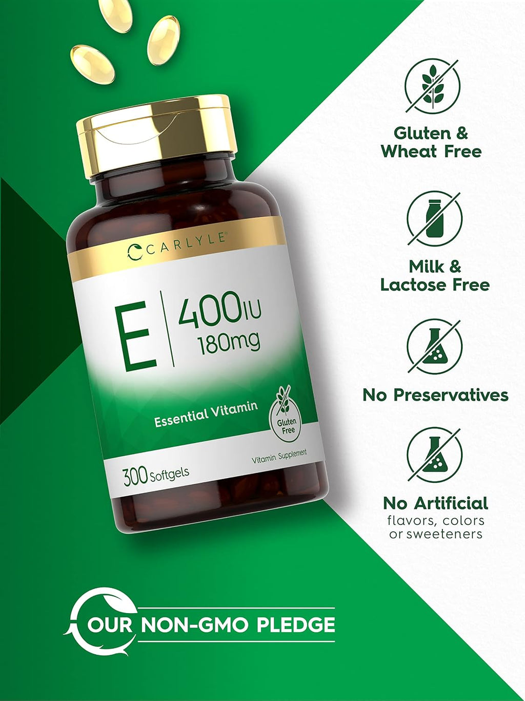 Carlyle Vitamina E 400 UI Cápsulas Blandas (180mg) | 300 Cápsulas | Suplemento No Transgénico y Sin Gluten