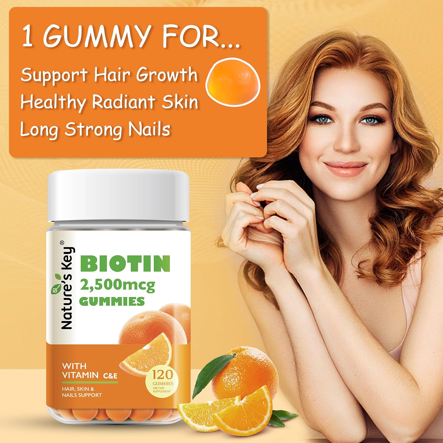 Nature's Key Biotin Gummies con Vitaminas C y E - Mantenimiento del Cabello, Piel y Uñas - Vegano - Sabor Naranja - 120 Gominolas