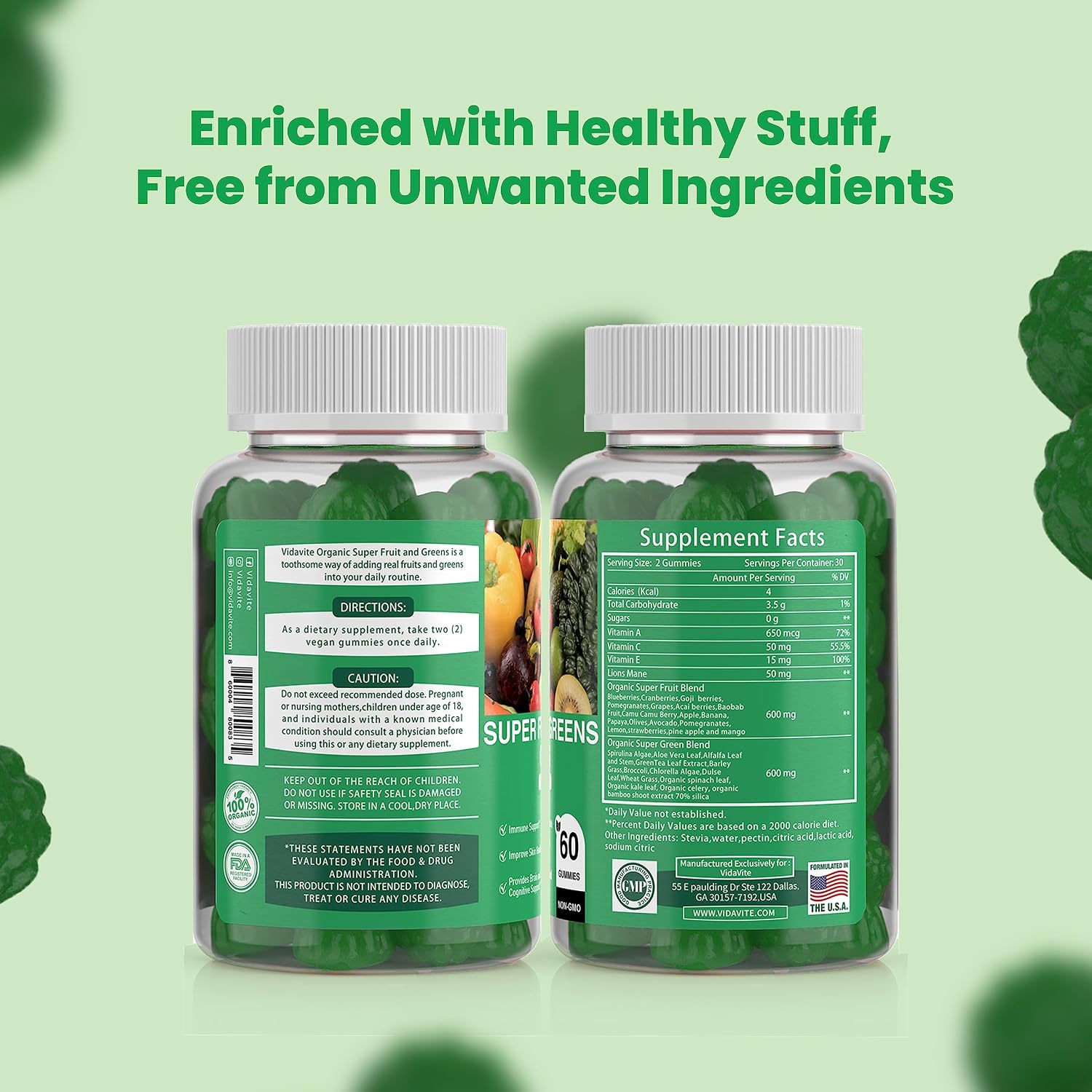 VIDAVITE Gominolas de Superalimentos sin Azúcar - 35+ Frutas y Verduras para Adultos y Adolescentes