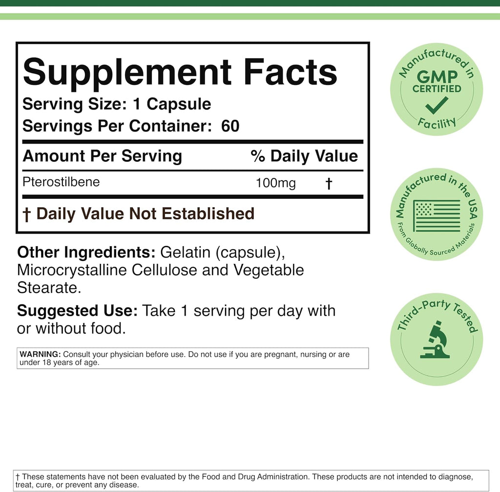 Pterostilbeno 100 mg, 60 Cápsulas - Complemento Alimenticio Antioxidante