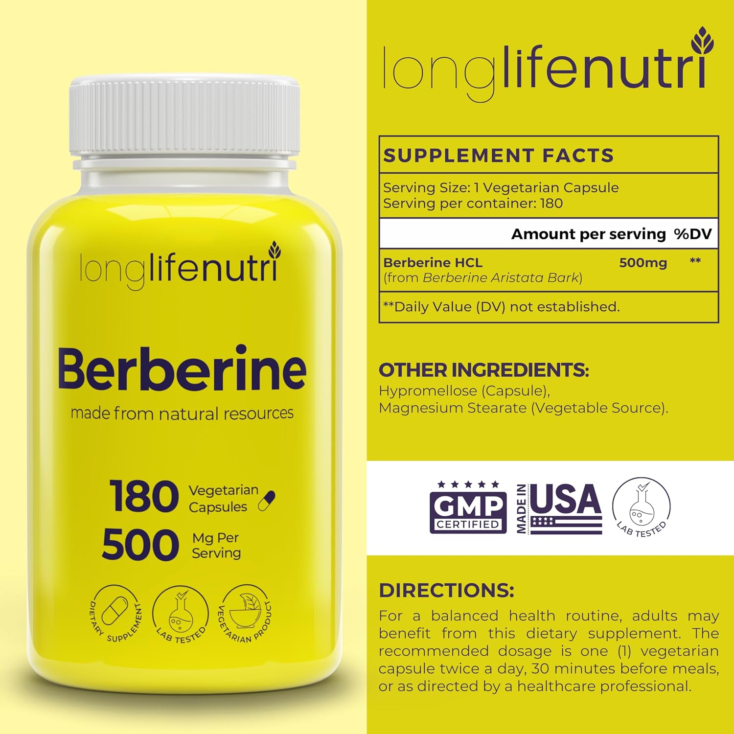 LongLifeNutri Berberine 500 mg – 180 Cápsulas Vegetales