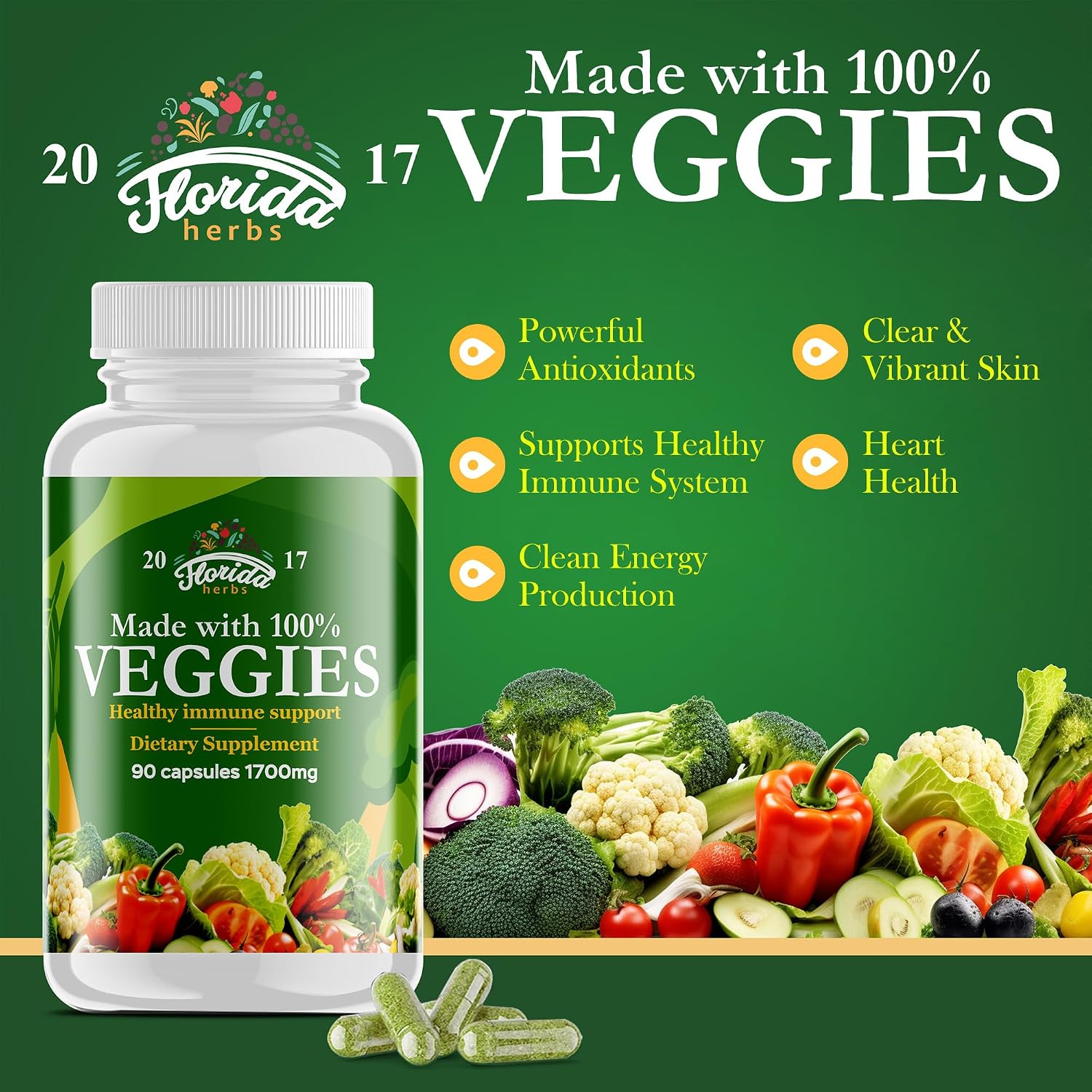 Suplemento de Frutas y Verduras - 90 Cápsulas de Fruta y 90 Cápsulas de Verdura - Vitaminas Naturales, Sin Soja, Vegano - 180 Cápsulas