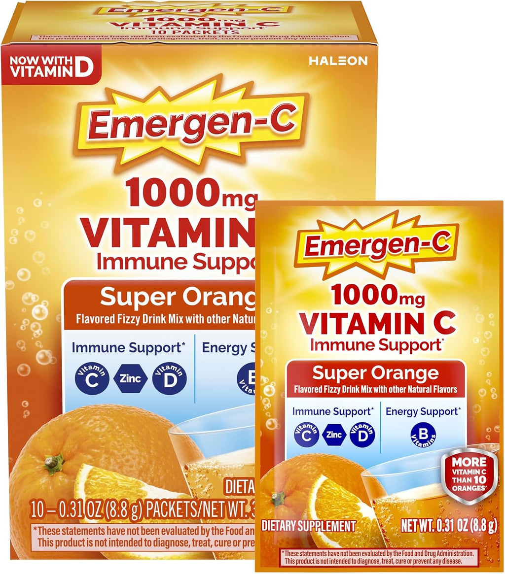 Emergen-C 1000 mg Vitamin C with Zinc and B Vitamins, Orange Flavor - 10 Packets