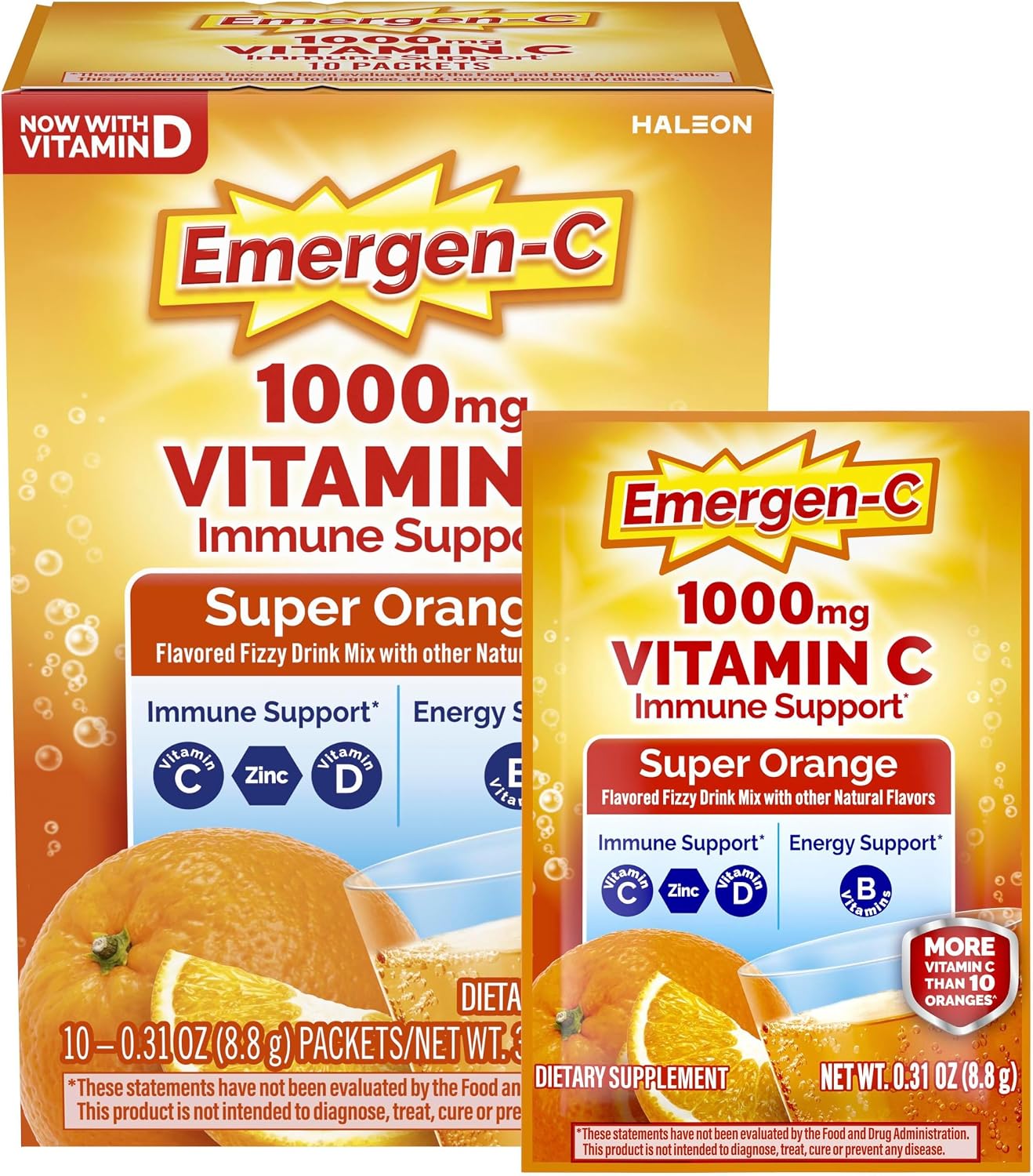 Emergen-C 1000 mg Vitamin C with Zinc and B Vitamins, Orange Flavor - 10 Packets