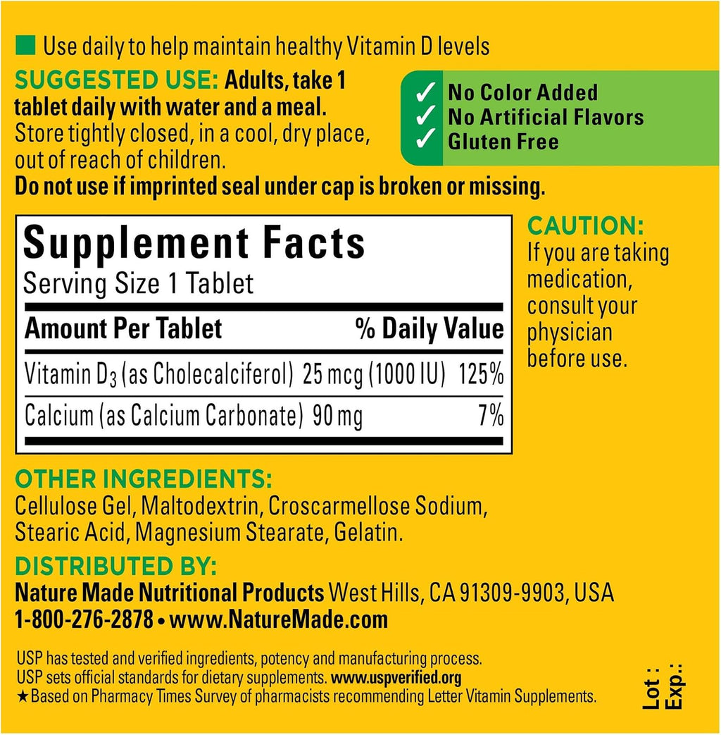 Vitamina D3, 100 Comprimidos, 1000 UI (25 mcg)