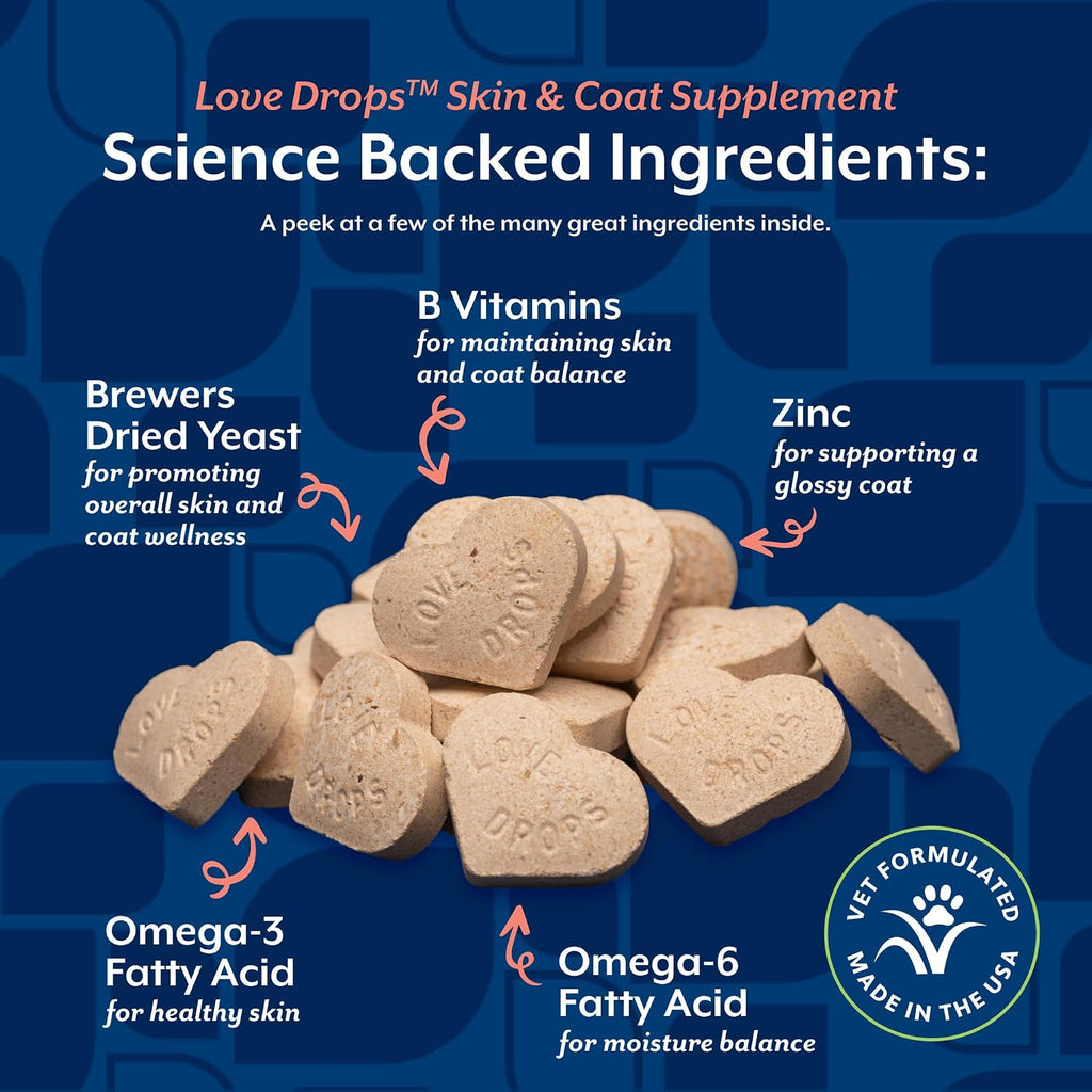 NaturVet Love Drops Plus Omegas - Suplemento para la Piel y el Pelo de Perros y Gatos - 200 Comprimidos Masticables Sabor a Mantequilla de Cacahuete