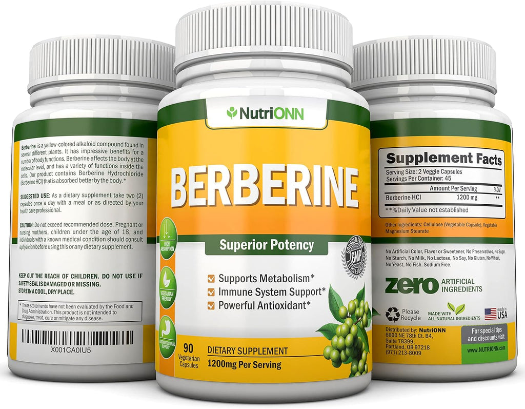 Berberina 1200 mg - 90 Cápsulas Vegetales - Suplemento Puro de Berberina HCL - NutriONN