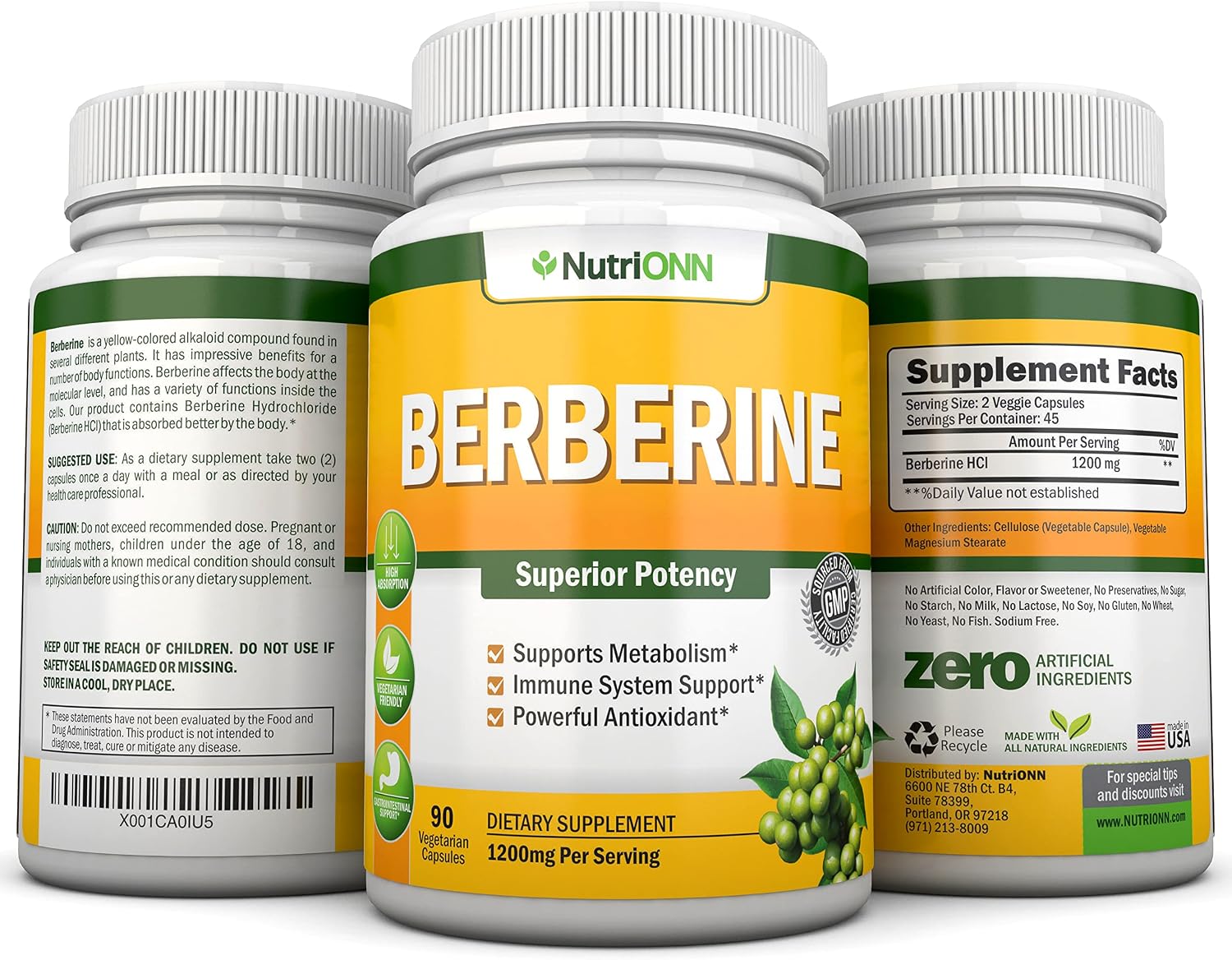 Berberina 1200 mg - 90 Cápsulas Vegetales - Suplemento Puro de Berberina HCL - NutriONN