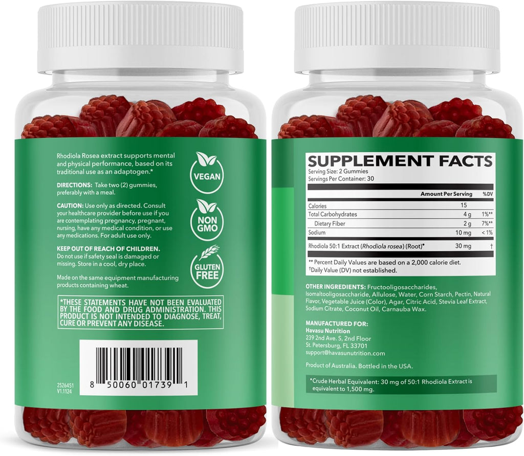 Rhodiola Rosea Gummies – Gomitas Adaptógenas Sin Azúcar, 60 uds – Sabor a Bayas Mixtas