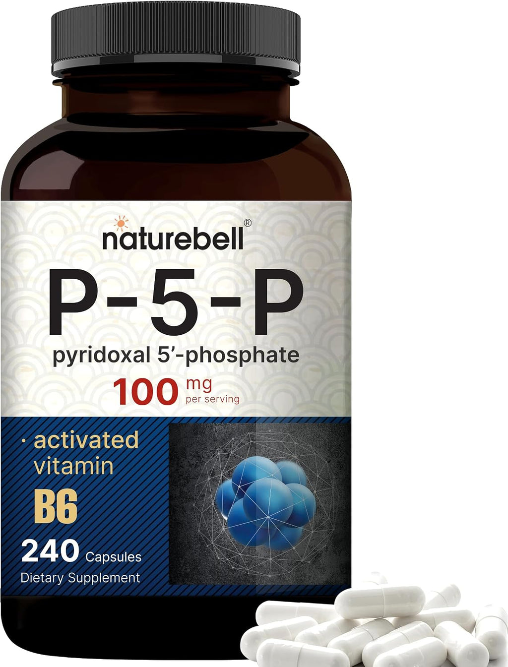 NatureBell P5P Vitamina B6 100mg por dosis, 240 Cápsulas - Piridoxal-5-Fosfato Activado