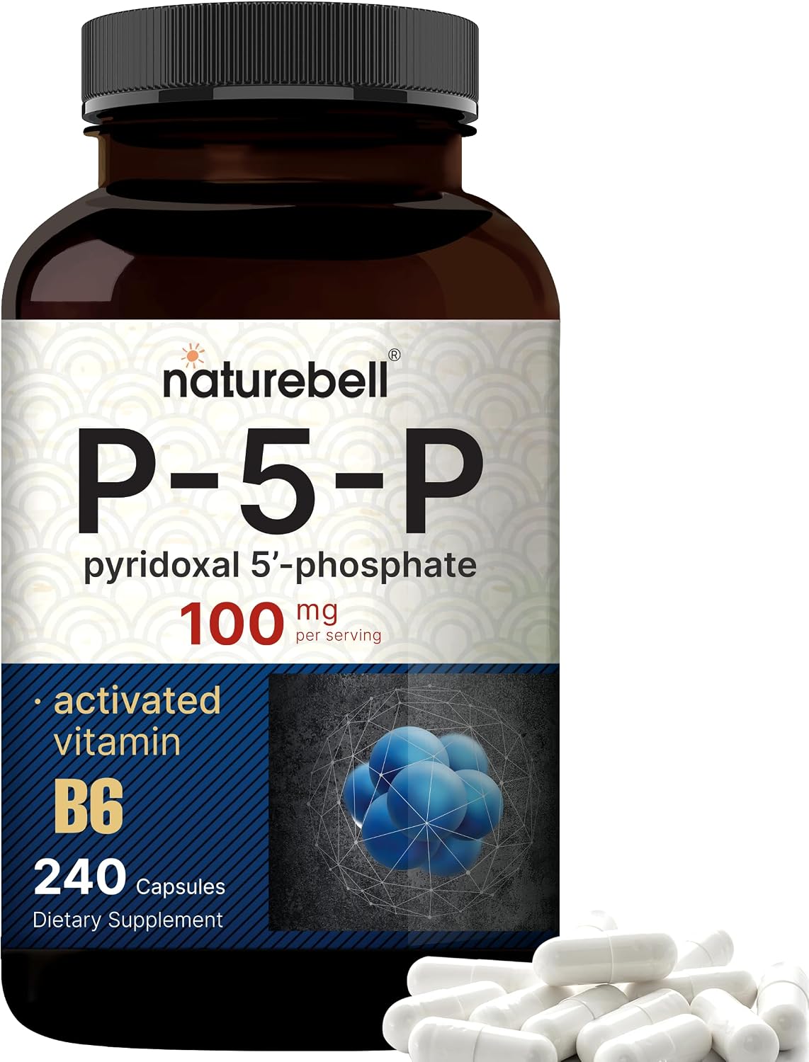 NatureBell P5P Vitamina B6 100mg por dosis, 240 Cápsulas - Piridoxal-5-Fosfato Activado